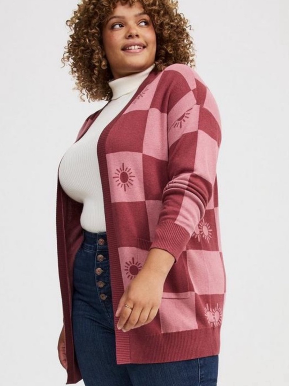 NWT Torrid Pink Check Western Sun Print Longline Open Front Cardigan, Women's 5X